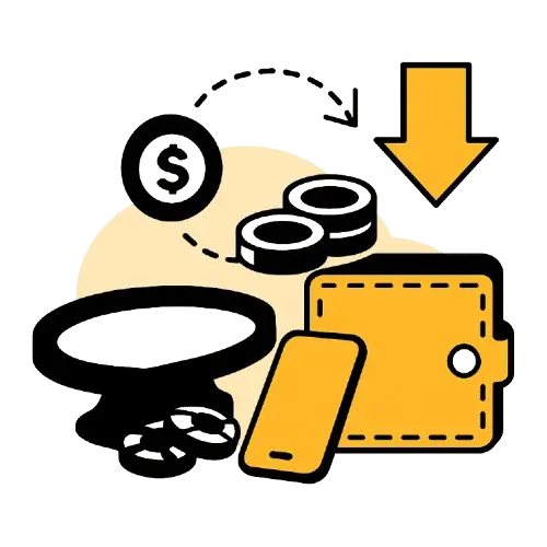 Lompakko, rulettipy&ouml;r&auml;, dollarinkolikko, pelimerkit ja keltainen nuoli alasp&auml;in