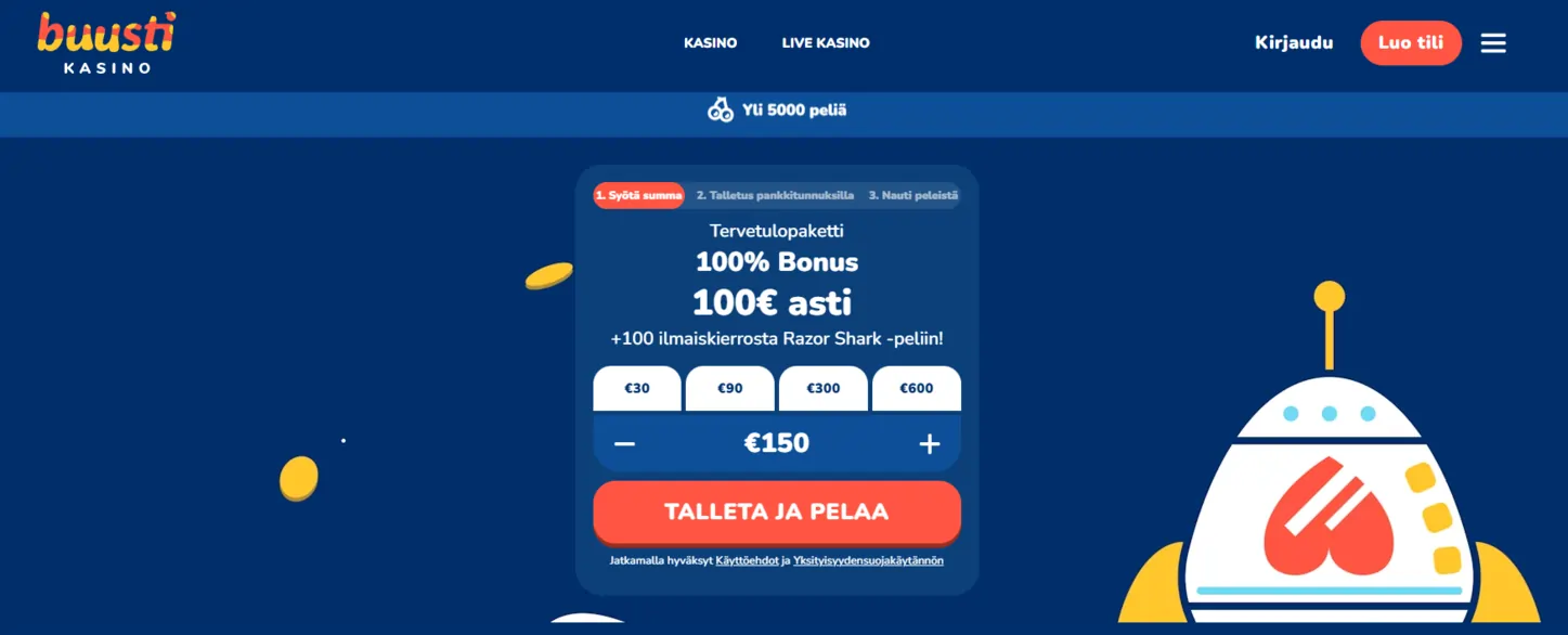 Buusti Casinon peliaula, jossa n&auml;kyy mahdollisuus talletukseen ja tietoa tervetulobonuksesta