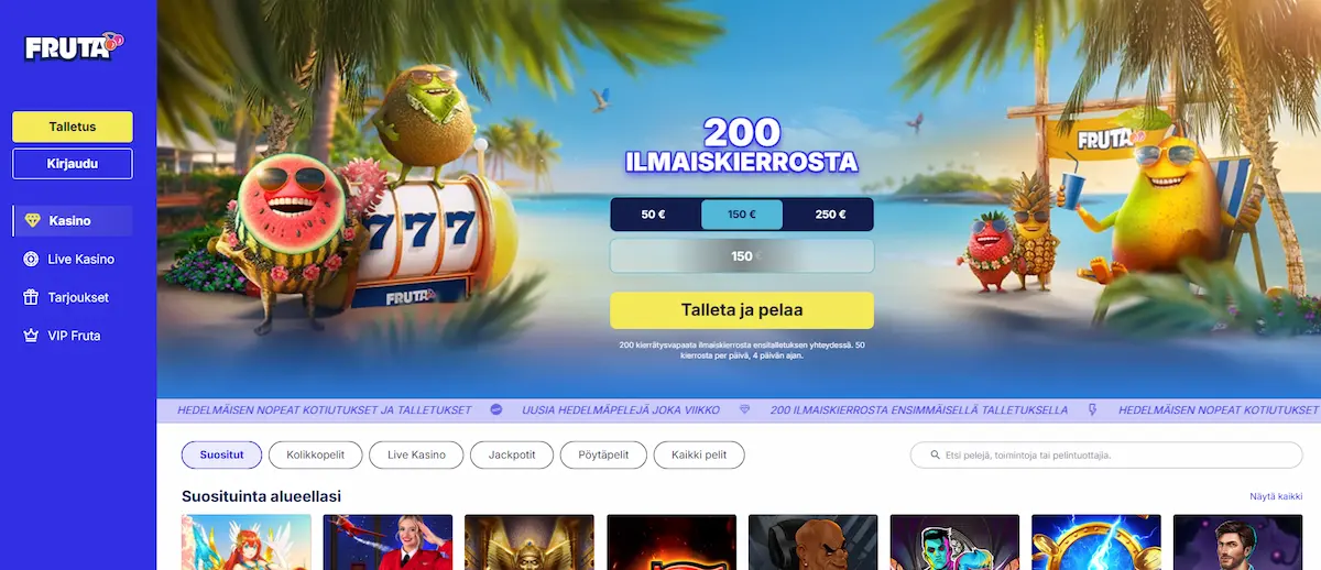 Fruta Casinon peliaula, jossa n&auml;kyy valikko, parhaat pelit, mahdollisuus taleltukseen ja tietoa ilmaiskierroksista