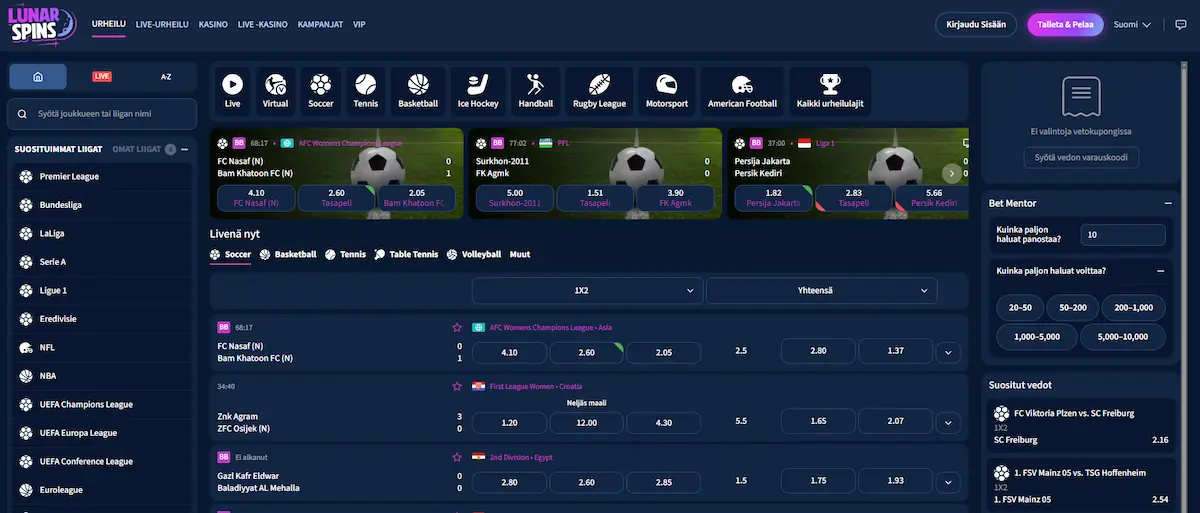 LunarSpin Casinon vedonly&ouml;ntiosio, jossa n&auml;kyy suosituimmat vedonly&ouml;ntikohteet