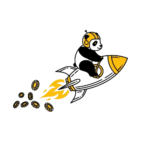 Panda, jolla on kyp&auml;r&auml; p&auml;&auml;ss&auml; ratsastaa raketilla, jonka per&auml;st&auml; roihuaa kolikoita ja tulta