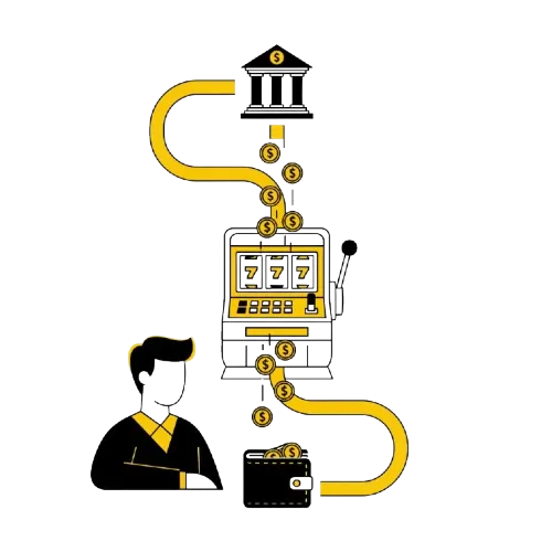 Mies istuu tien p&auml;&auml;ss&auml;, jossa on lompakko, t&auml;st&auml; johtaa tie pikakasinolle, ja sielt&auml; takaisin verkkopankkiin. Kuvaa pelaamista ilman rekister&ouml;inti&auml;