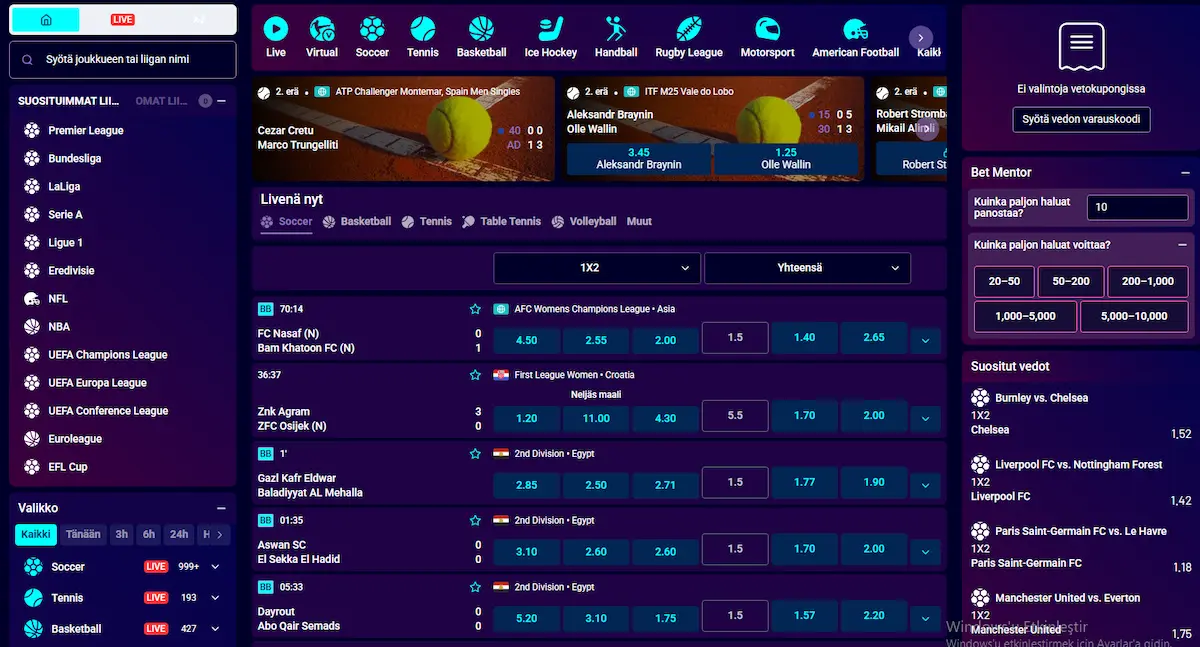 Slotshammer Casinon vedonly&ouml;ntiosio, jossa n&auml;kyy suosituimmat vedonly&ouml;ntikohteet ja urheilulajit