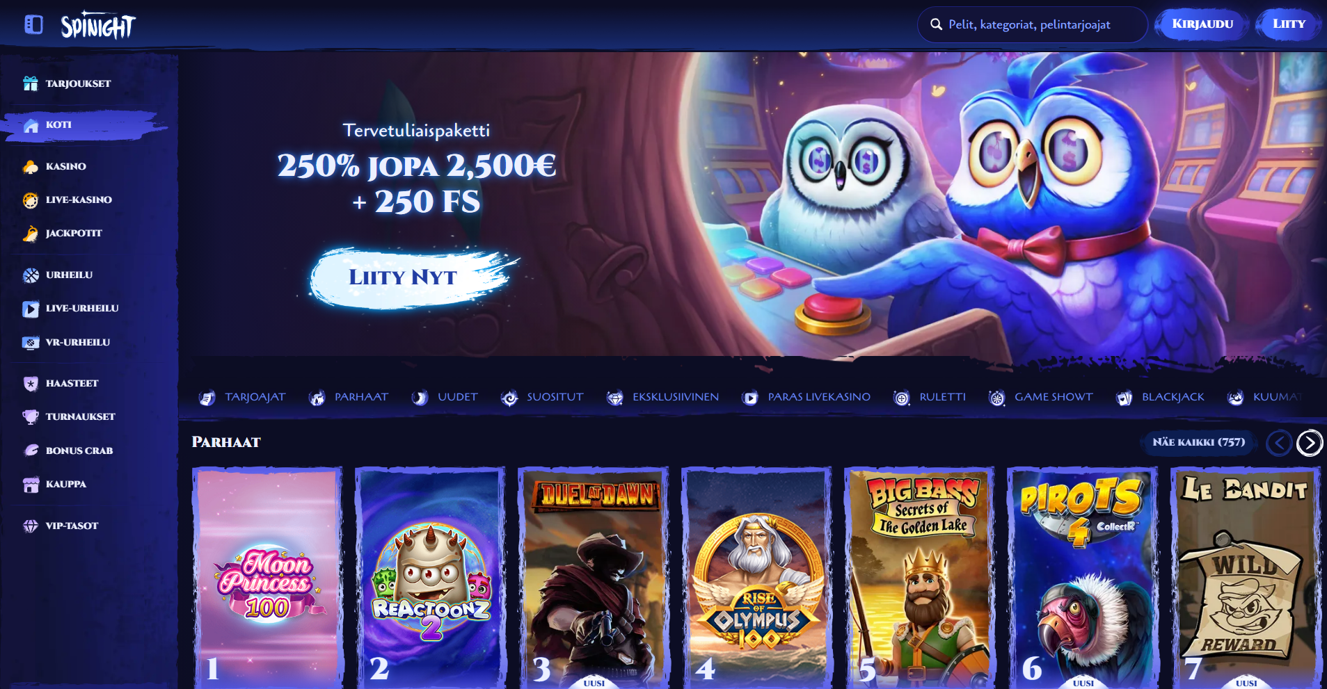 Spinight Casinon peliaula, jossa tietoa tervetulobonuksesta, p&auml;&auml;valikko ja suosituimmat kasinopelit