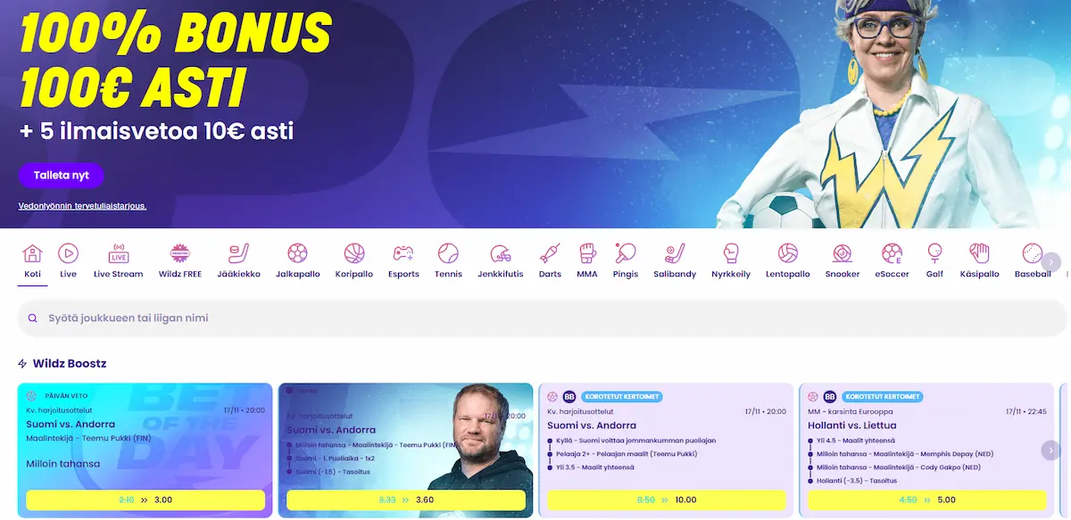 Wildz Casinon vedonly&ouml;ntiosio ja suosituimmat urheilukohteet